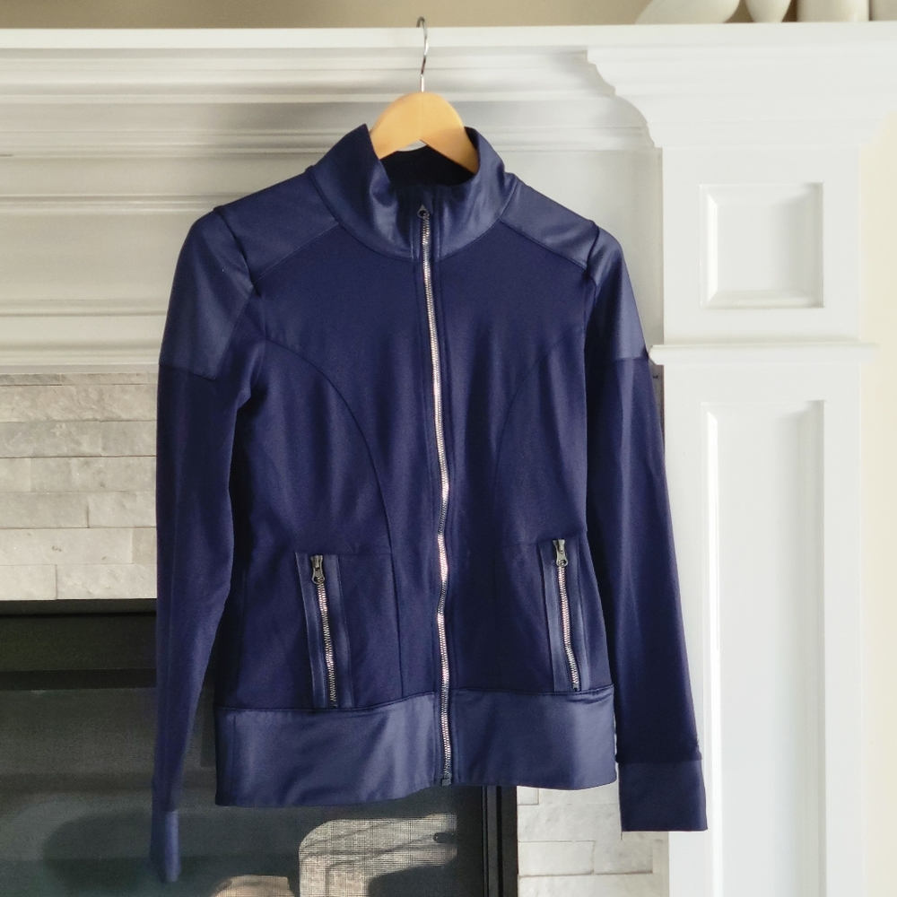ALO Yoga Foundation Zip Performance Jacket Contouring Sleek Navy Blue M Medium